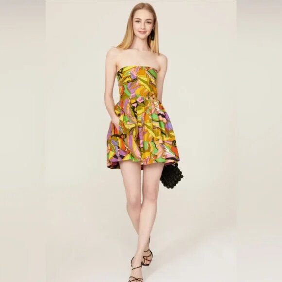 S/W/F Birds of Paradise strapless abstract cotton babydoll tropical Mini Dress M - Picture 10 of 13